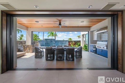 A modern dining area with a table set for six.