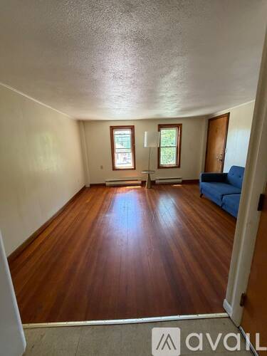 A room with wooden floors and two windows.