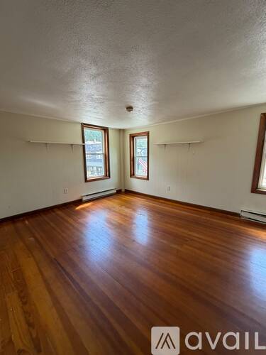 A room with wooden floors and two windows.