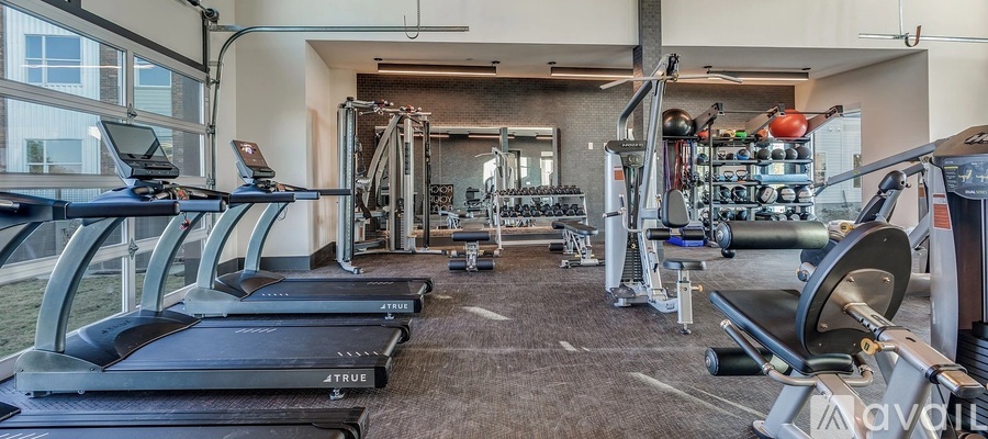 A gym with treadmills, weights, and exercise equipment.
