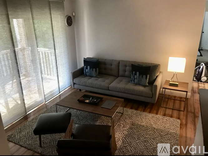 A living room with a grey sofa, a black chair, and a patterned rug.