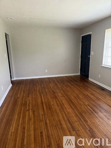 A room with wooden flooring and a black door.