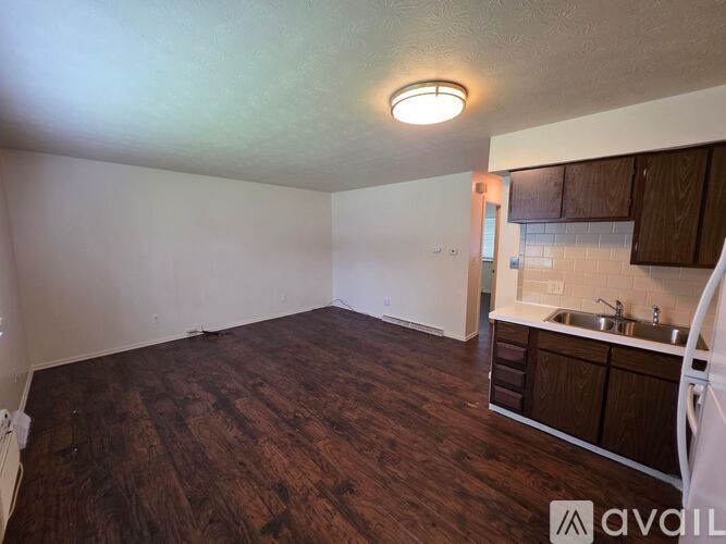 A room with wooden flooring and a kitchen area with a sink and cabinets.