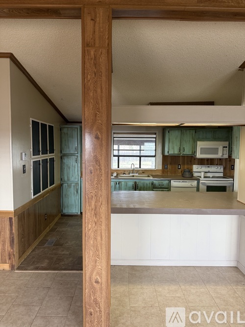 A kitchen with a white counter and green cabinets.