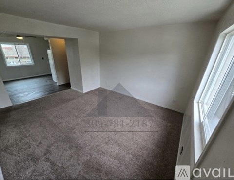 A room with a carpeted floor and a window on the right side.