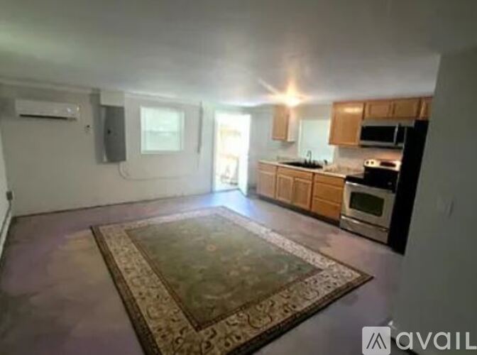 A living room with a rug on the floor and a kitchen area in the background.