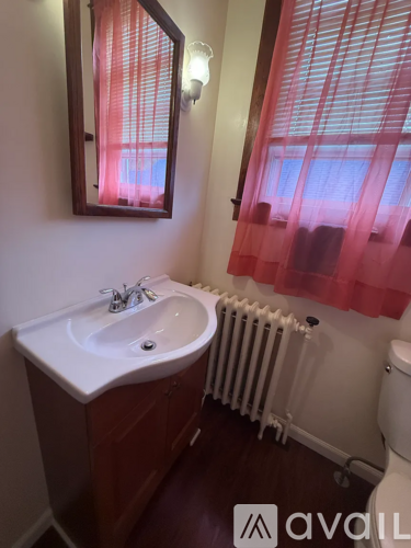 A bathroom with a white sink and a red curtain.