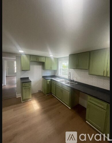 A kitchen with green cabinets and a black countertop.