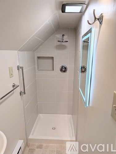 A bathroom with a walk in shower and a toilet.