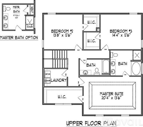 A floor plan of an upper floor layout with two bedrooms, a master suite, a laundry room, and a master bath option.