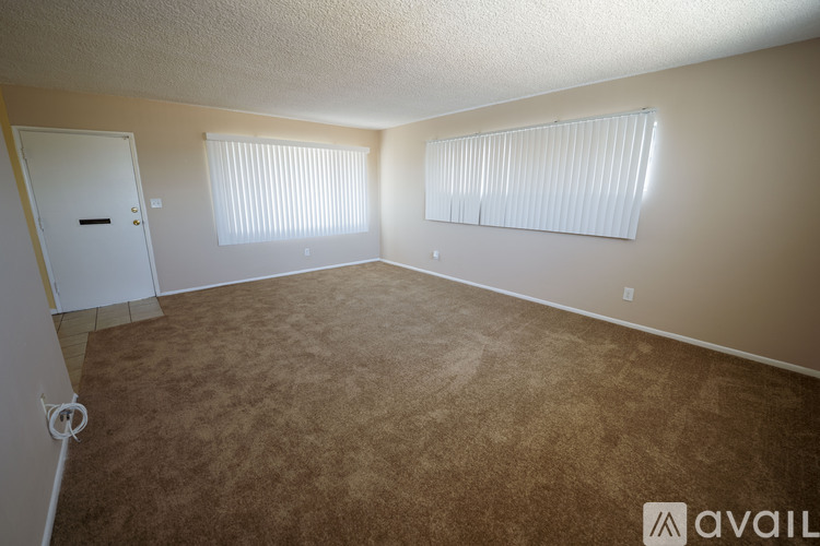 A room with carpeted floor and two windows with blinds.