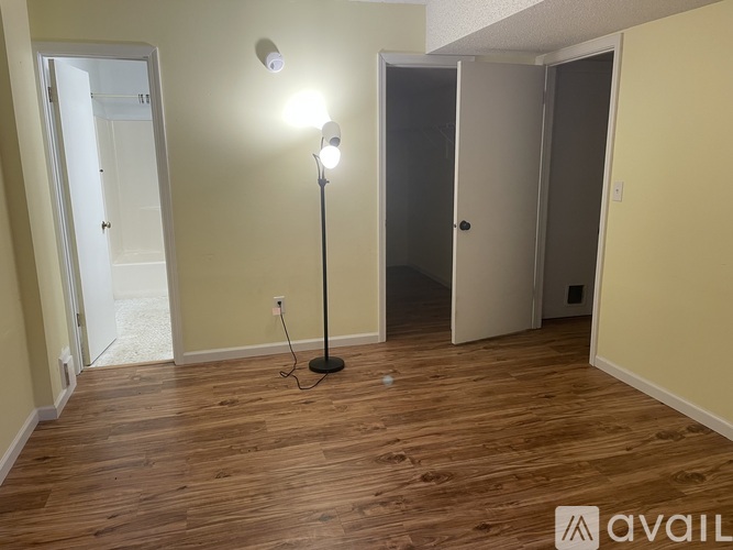 A room with a floor lamp and a mirror.
