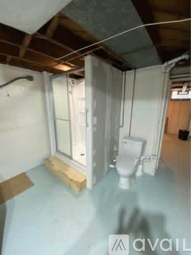 A room with a toilet and a shower stall under construction.