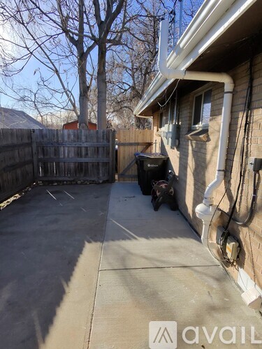 A backyard with a fence, a mailbox, and a tree.