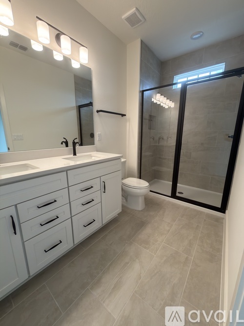 A bathroom with a sink, mirror, toilet, and a walk-in shower.