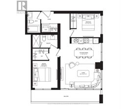 A black and white floor plan of an apartment with a living room, kitchen, and two bedrooms.