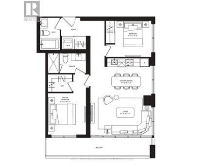A black and white floor plan of an apartment with a living room, kitchen, and two bedrooms.