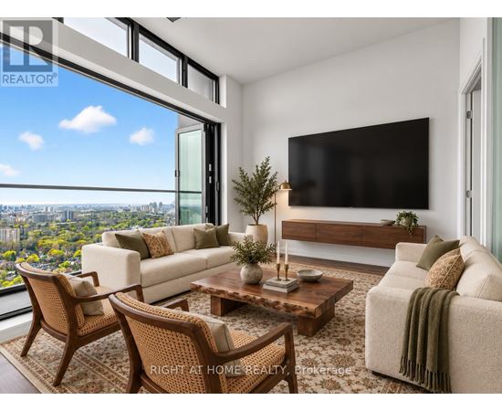 A modern living room with a view of the city.
