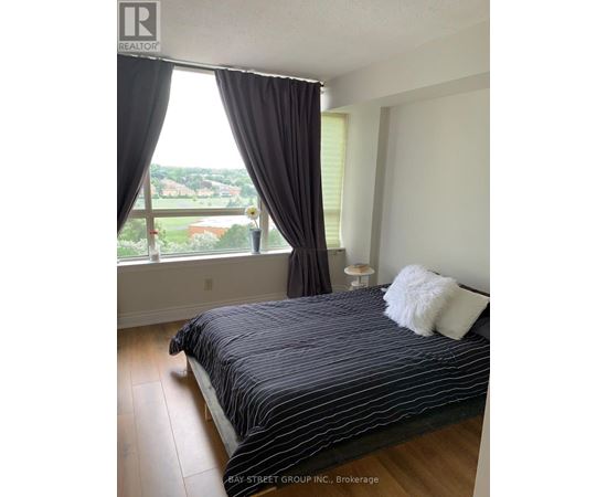 A bedroom with a large bed and a view of the city.