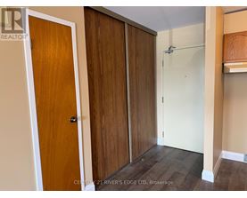 A room with a white door and a brown wardrobe.