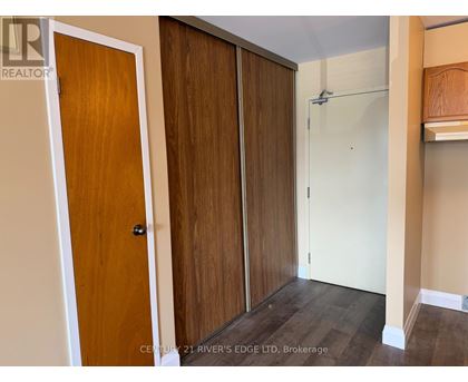 A room with a white door and a brown wardrobe.