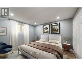 A bedroom with a large bed, a blue chair, and two pictures on the wall.