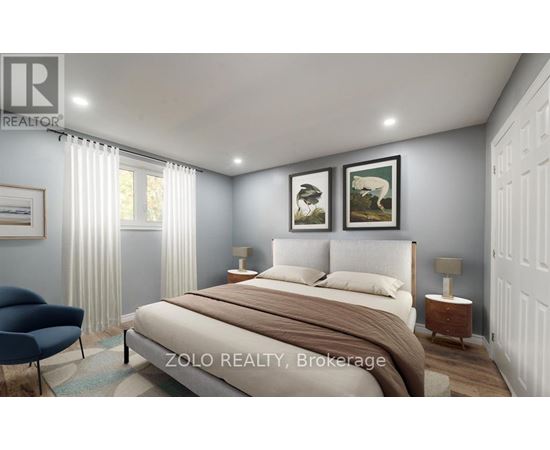 A bedroom with a large bed, a blue chair, and two pictures on the wall.