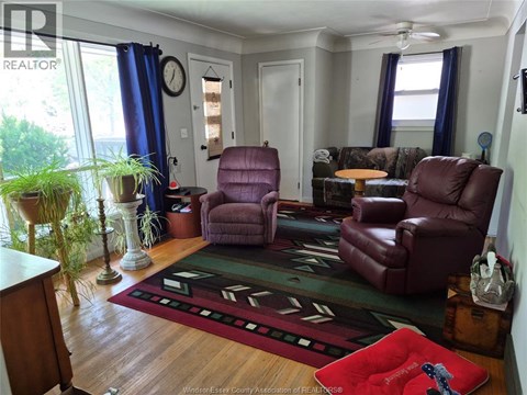 A living room with a rug and two chairs.