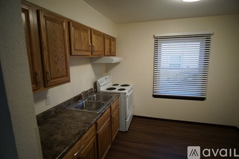 A kitchen with a stove, sink, and wooden cabinets.