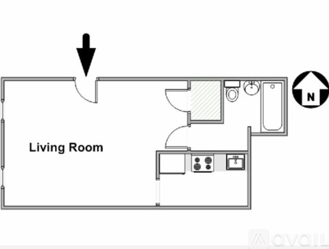 A floor plan of a living room with furniture and appliances.
