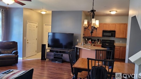 A living room with a television and a kitchen area in the background.