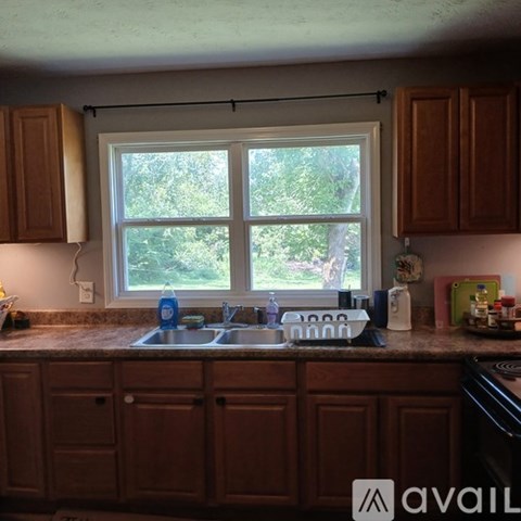 A kitchen with wooden cabinets and a window over the sink.