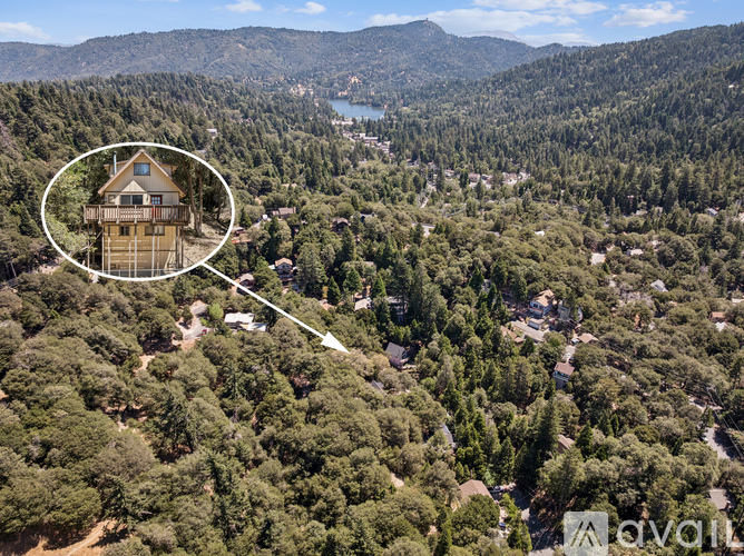 A bird's eye view of a house surrounded by trees with a lake in the distance.