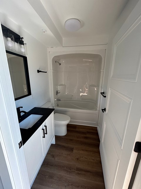 A white bathroom with a black counter top and a walk in shower.