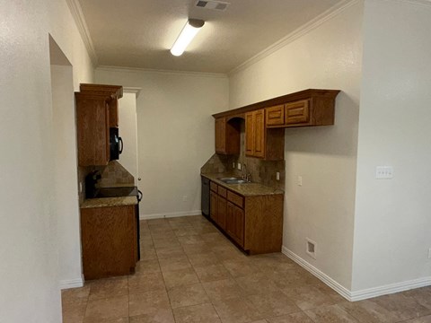 A kitchen with a sink and cabinets.