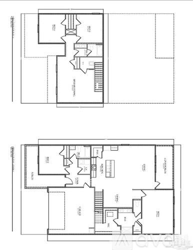 A floor plan of a building with multiple rooms and a staircase.
