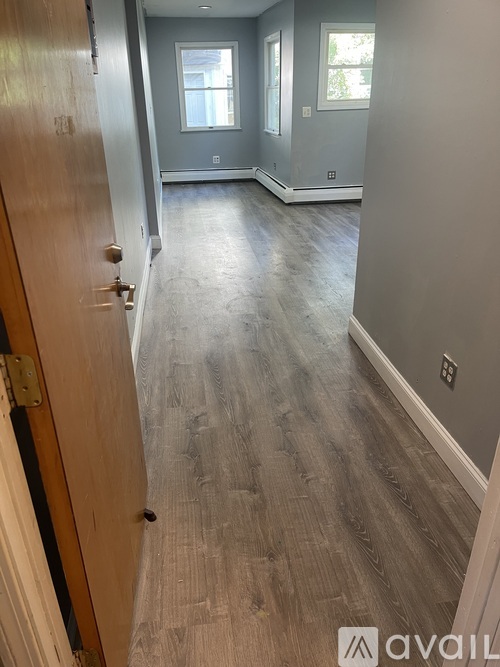 A hallway with wood flooring and a closed door.