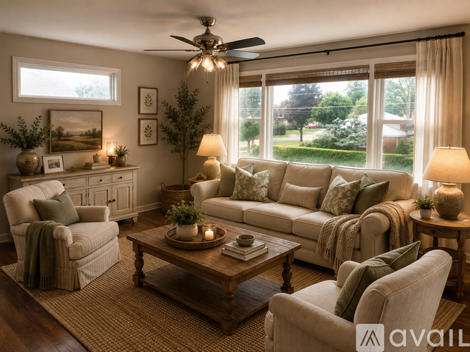 A living room with a couch, chair, and table.