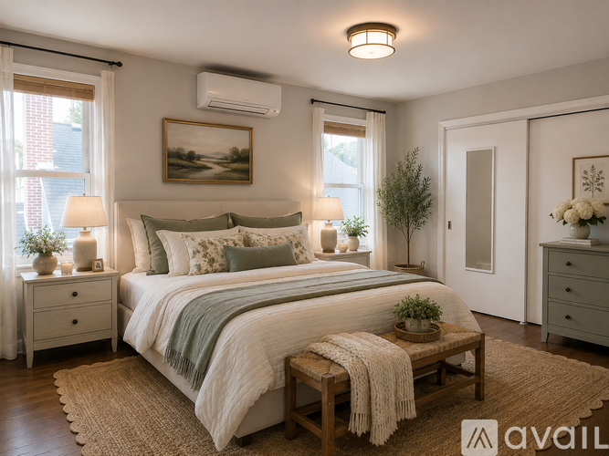A well-lit bedroom with a large bed, a bench, and a painting on the wall.