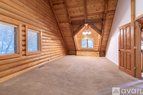 A spacious attic room with wooden walls and a skylight.