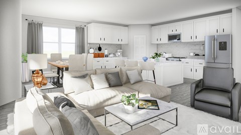 A modern living room with a grey sofa and a glass coffee table.