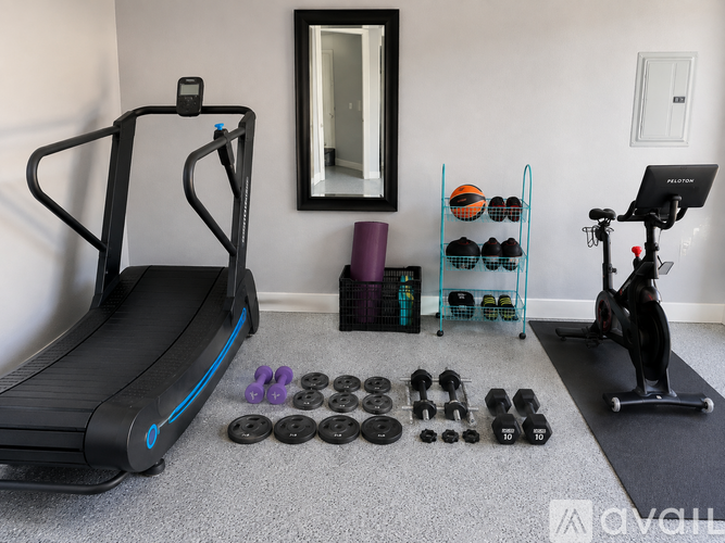 A home gym setup with a treadmill, weights, and exercise equipment.
