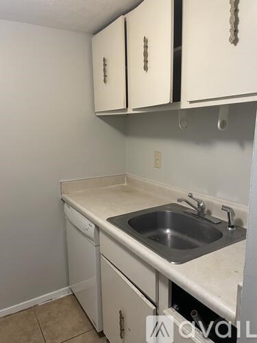 A small kitchen with a sink and cabinets.