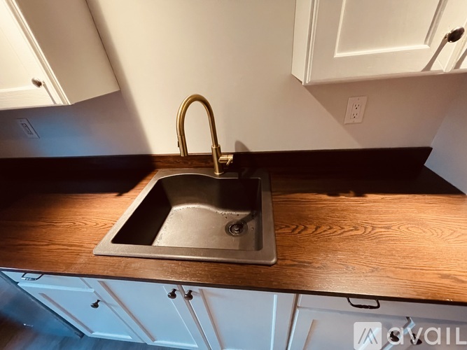 A kitchen sink with a faucet and a wooden countertop.
