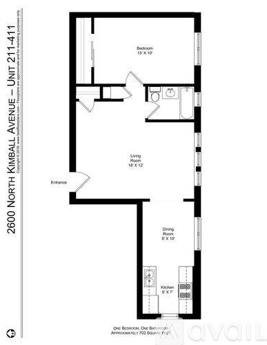A floor plan of a one-bedroom, one-bathroom apartment at Kimball Avenue.