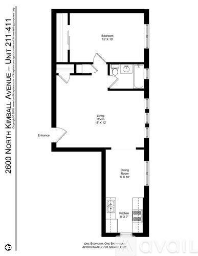 A floor plan of a one-bedroom, one-bathroom apartment at Kimball Avenue.