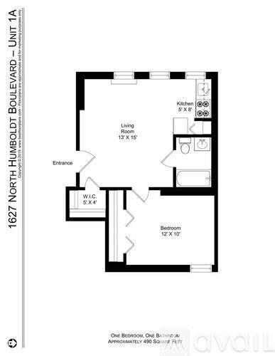 A floor plan of a one bedroom apartment with a living room, kitchen, and bathroom.