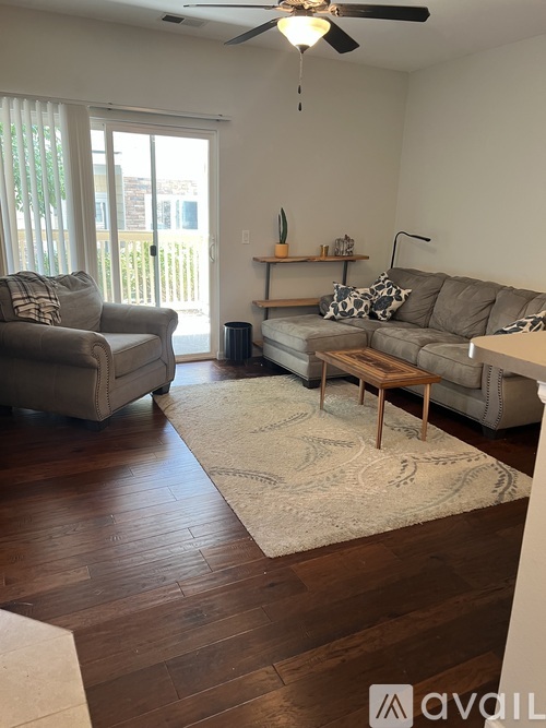 A living room with a couch, chair, and rug.