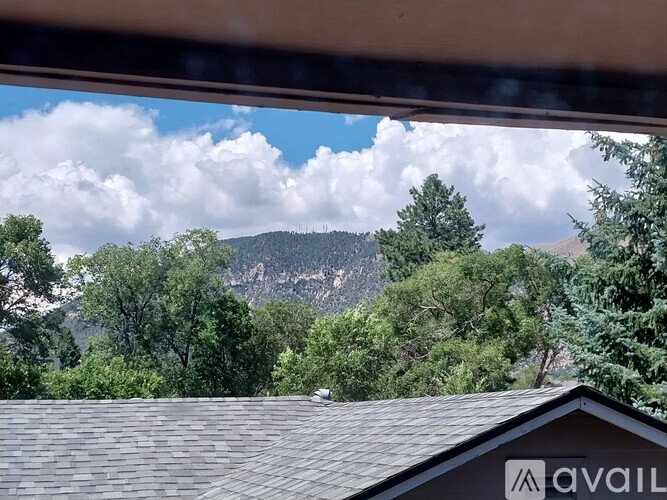 A mountain range is visible through the trees in the distance.