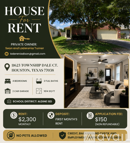 A house for rent sign with a photo of the house, its features, and the owner's contact information.